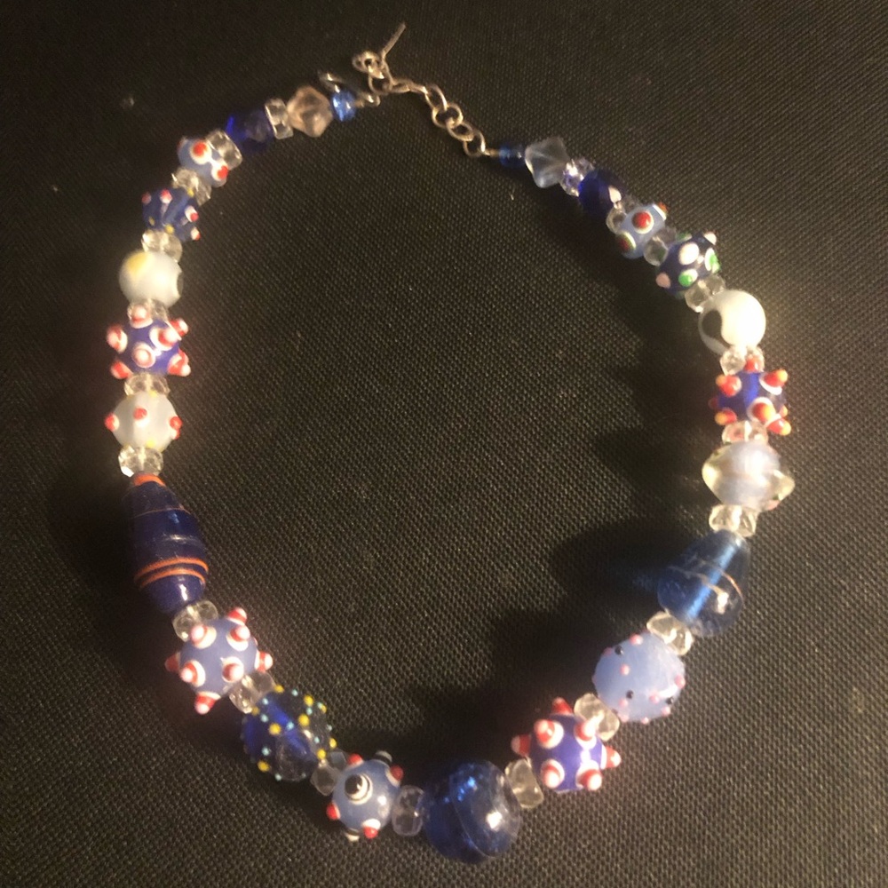 Handcrafted Blue Multicolor Handblown Glass Bead Necklace - $200 or $180 w/offer